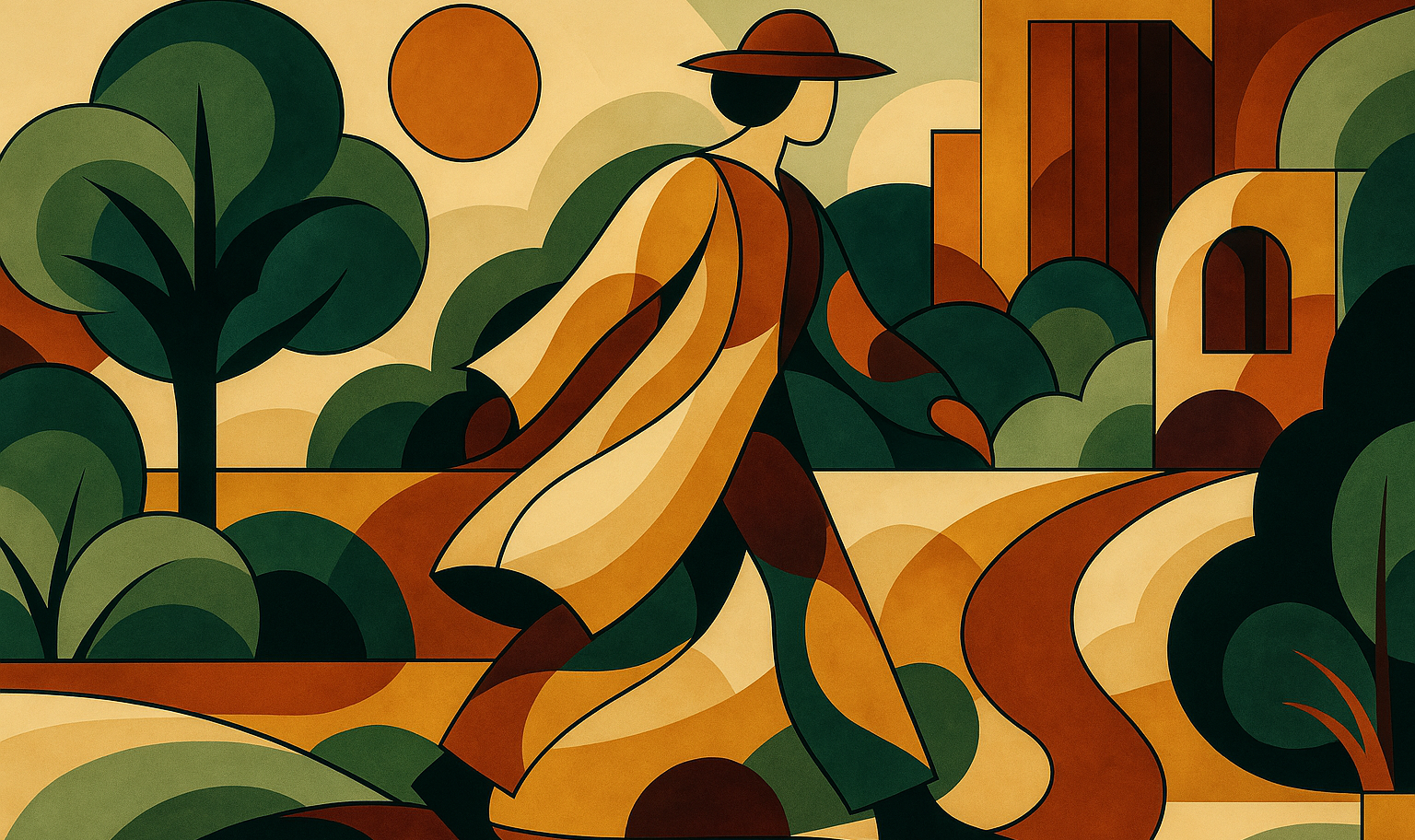 Geometric modern abstract Art Deco illustration of a person walking in nature, in warm earthy tones, representing calm, vitality, and mental clarity